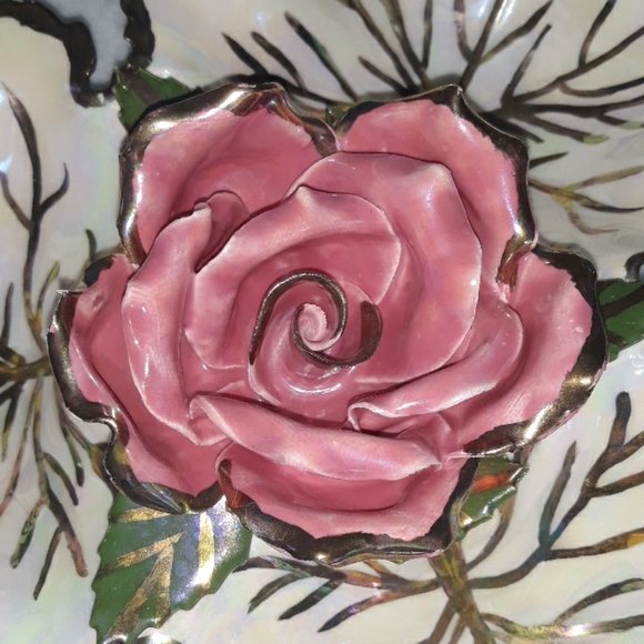 Irredecsint ceramic glazed rose candy/chip dish, unique handpainted vintage bowl - Picture 3 of 11